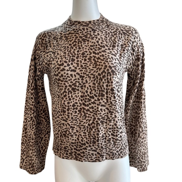 NWT Monrow Brown Leopard Modern Mock Neck Sweater Cashmere Blend L Large - Picture 2 of 9